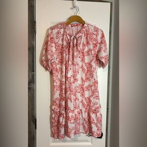 Boutique grandmillennial style Tie-Neck Short Sleeve Dress Pink/White med